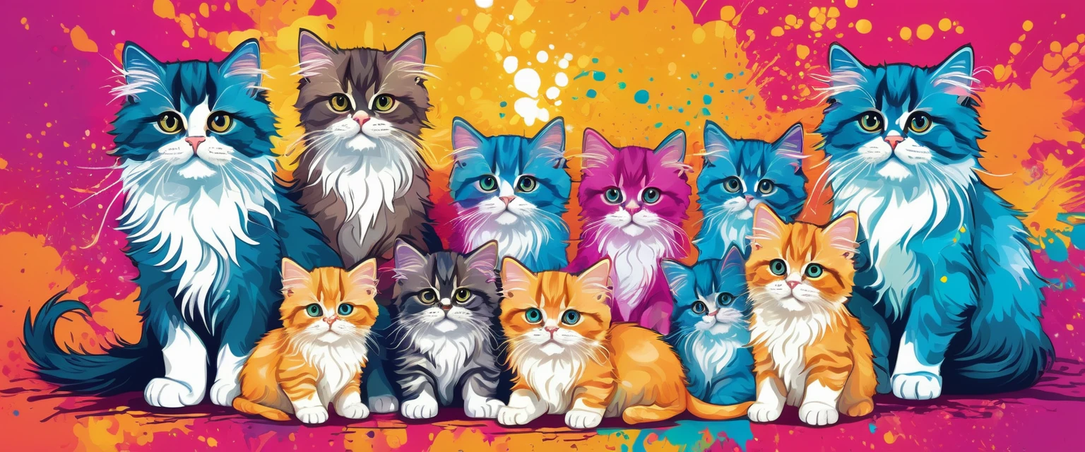 Vector Art, Colorful illustration with lots of cute Persian kittens, In the center, Vibrant colors, Paint splatters and stains, High Detail,Hawaiian style background
