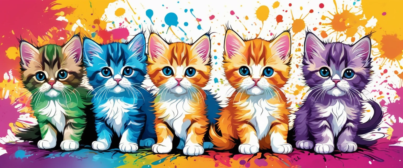 Vector Art, Colorful illustration with lots of cute Persian kittens, In the center, Vibrant colors, Paint splatters and stains, High Detail,Hawaiian style background