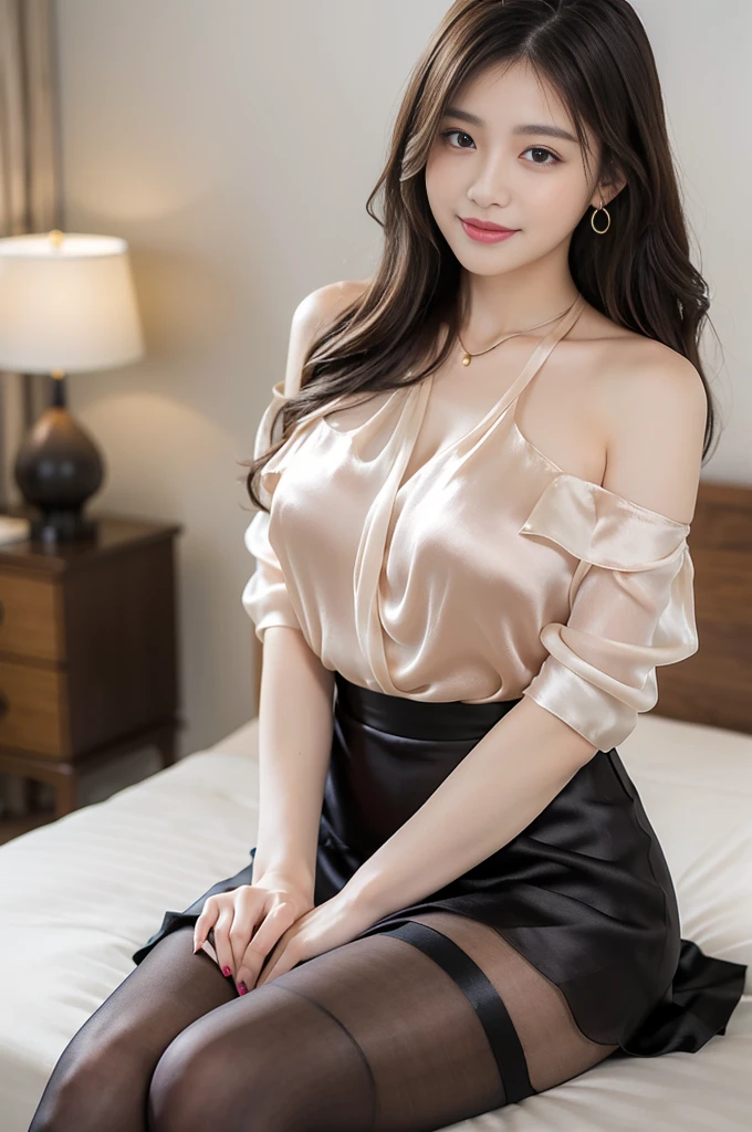 Ulchan-6500-v1.1, (Raw photo:1.2), (Photoreal), (See-through:1.3), (genuine:1.4), a girl、25 years old、 smile of shame、black semi-long hair、curly hair、pretty girl、(Elegant silk blouse:1.3), (super realistic pantyhose:1.2), (mini skirt:1.2), sitting in the bed、realistic skin texture、shiny skin、big earrings、thin lips，offshoulder，big breasts