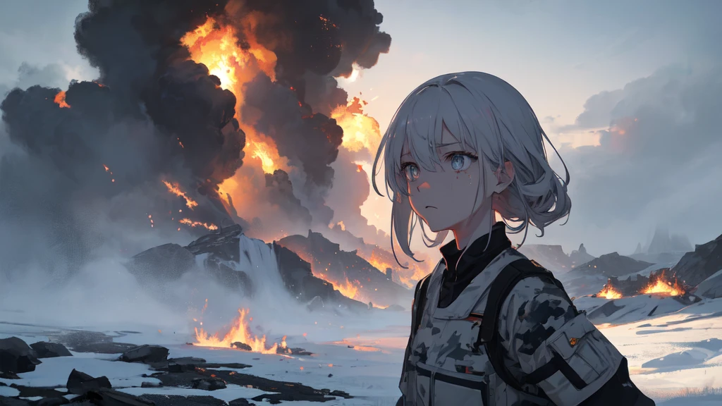 masterpiece:1.2), best quality , 独奏 ,pixiv, anime girl ，long straight white hair , black eyes ,Wearing off-white camouflage uniform ,ten years old，modern battlefield，(Eyes looking into the distance:1.3)，(look away:1.5)，snowy weather，dirty face，The background is a sea of fire with blood on the forehead，dirty face，Backlight，Bare rocky peaks ,Fierce flames are burning，The expression is sad，bullets flying，leave tears