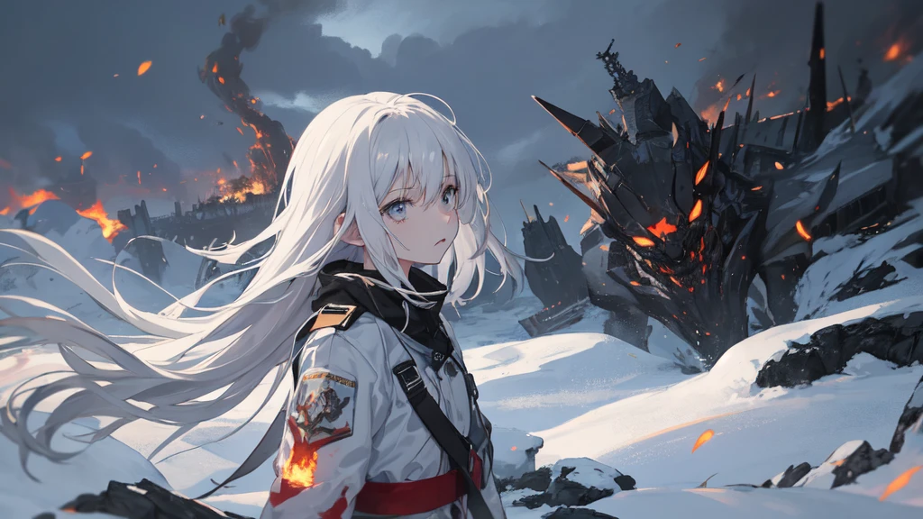 masterpiece:1.2), best quality , 独奏 ,pixiv, anime girl ，long straight white hair , black eyes ,Wearing off-white camouflage uniform ,ten years old，modern battlefield，(Eyes looking into the distance:1.3)，(look away:1.5)，snowy weather，dirty face，The background is a sea of fire with blood on the forehead，dirty face，Backlight，Bare rocky peaks ,Fierce flames are burning，The expression is sad，bullets flying，leave tears