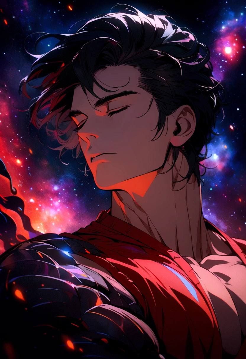 muscular guy short black hair and red shirt with closed eyes and a background of glowing galaxies at night
