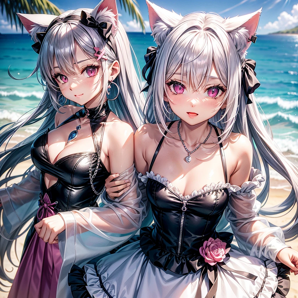 Silver hair, pink eyes, body, cat ears, sexy girl, earrings, beach background, hair bows, mitsuri, dress, bells necklace, pet cats, animals, happy face