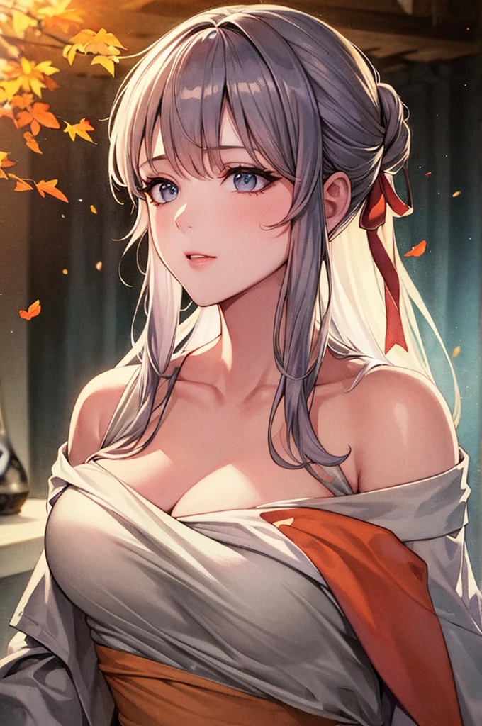 (8K, Highest quality, masterpiece:1.2),(Highest quality:1.0), (Ultra-high resolution:1.0), watercolor, Beautiful woman, shoulder, Hair Ribbon, Agnes Cecil, Half Body Portrait, Very bright and luminous design, pastel colour, (ink:1.3), Autumn Light,