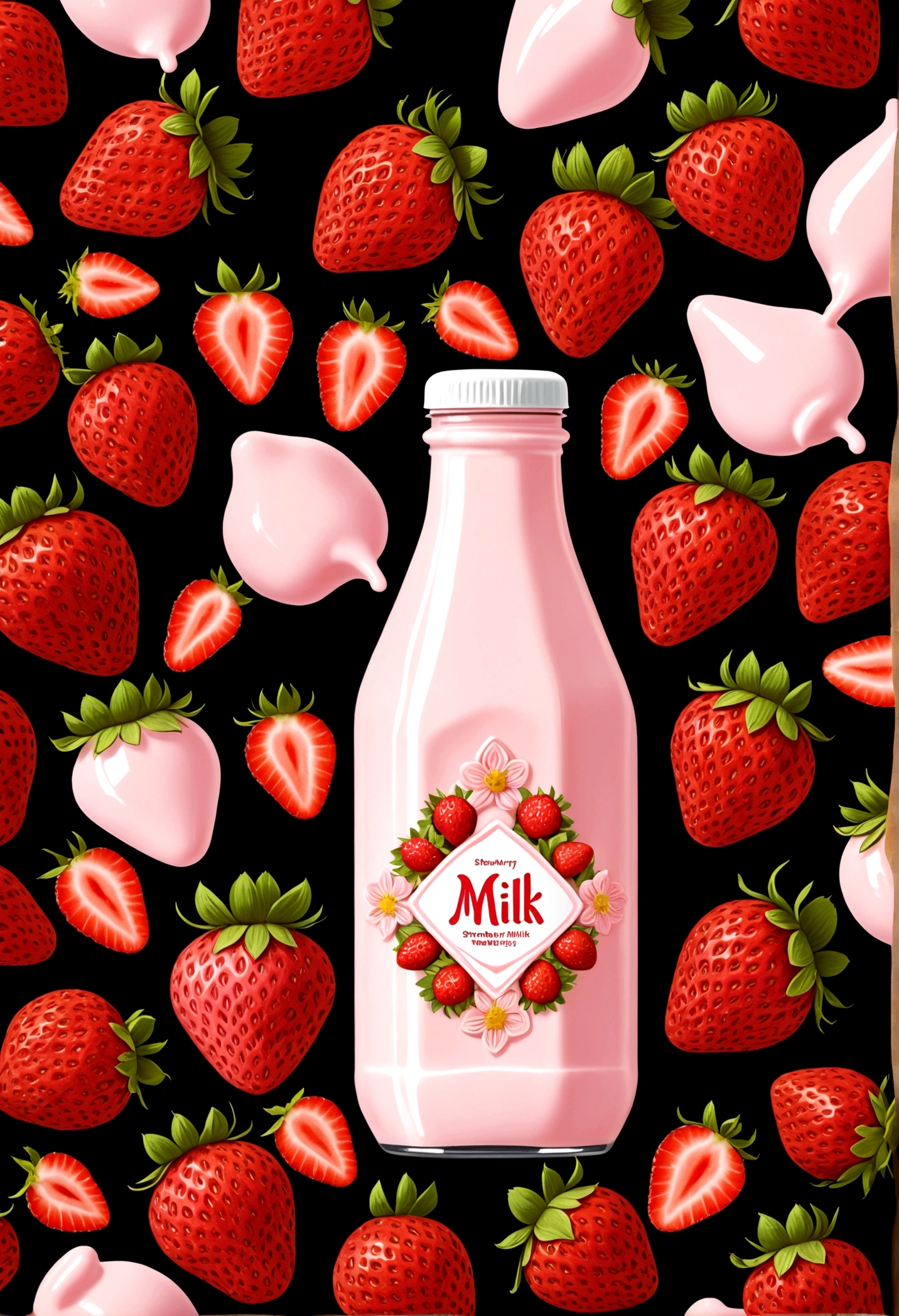 strawberry milk bottle, strawberries around. design