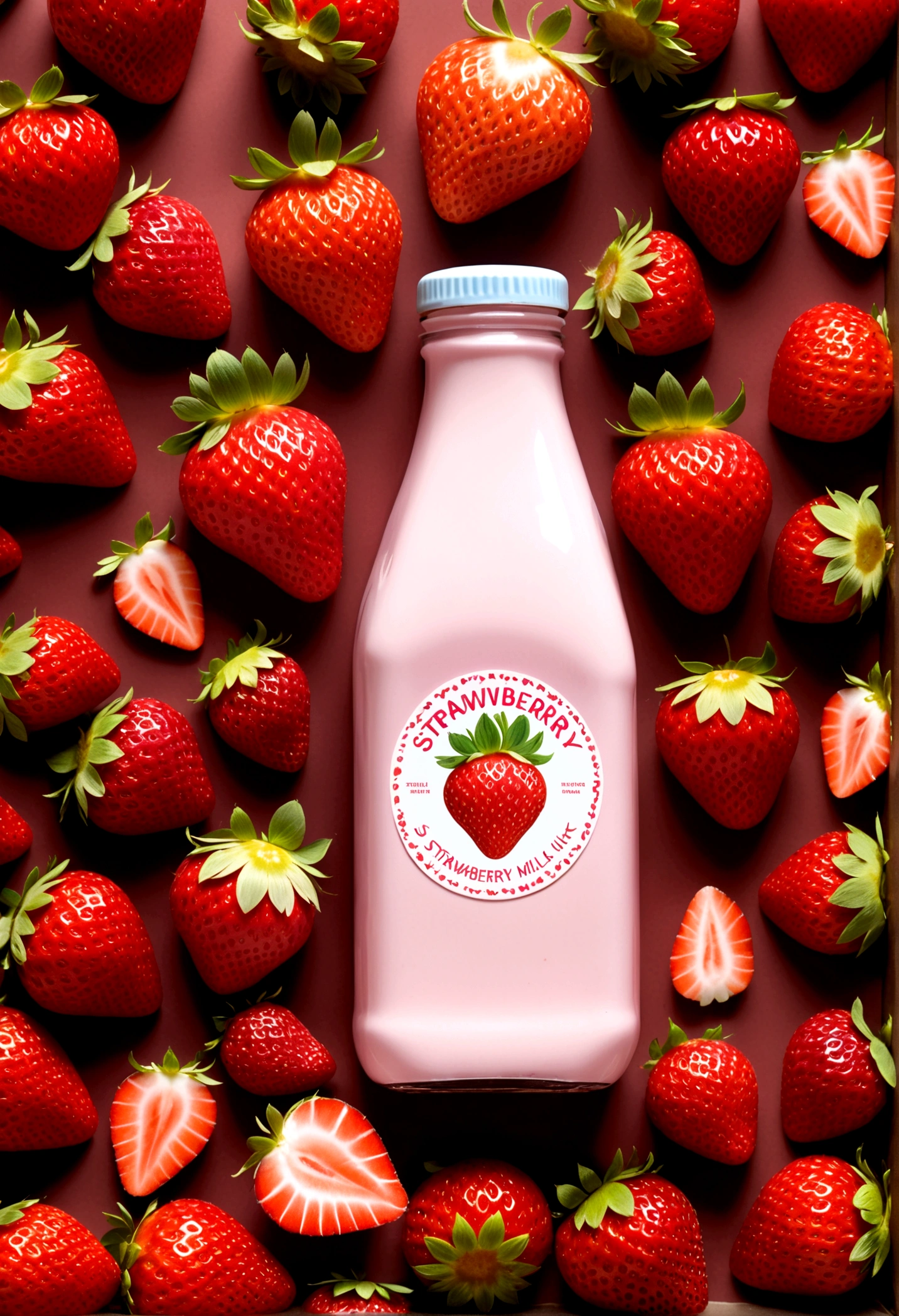 strawberry milk bottle, strawberries around. design