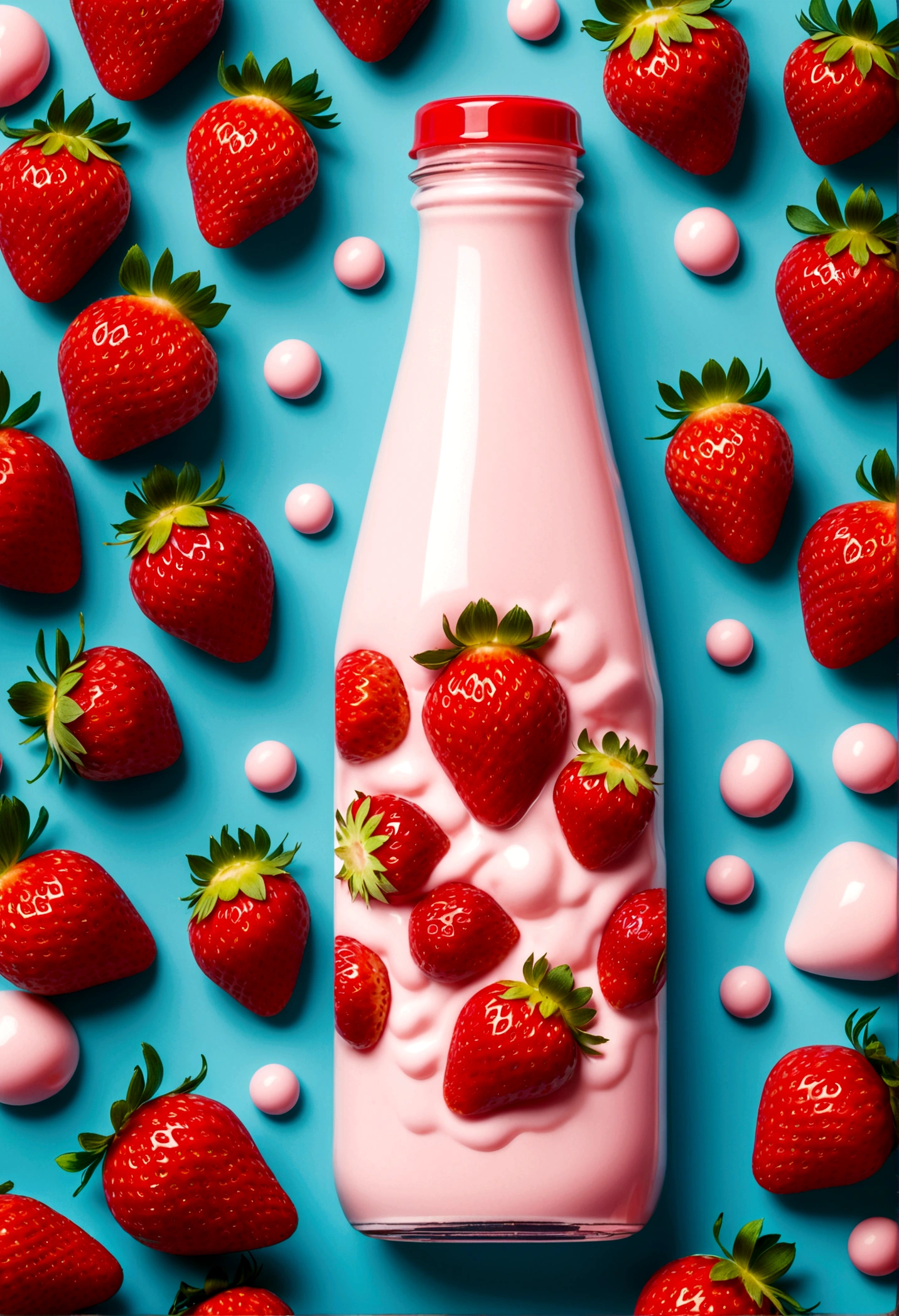 strawberry milk bottle, strawberries around. design