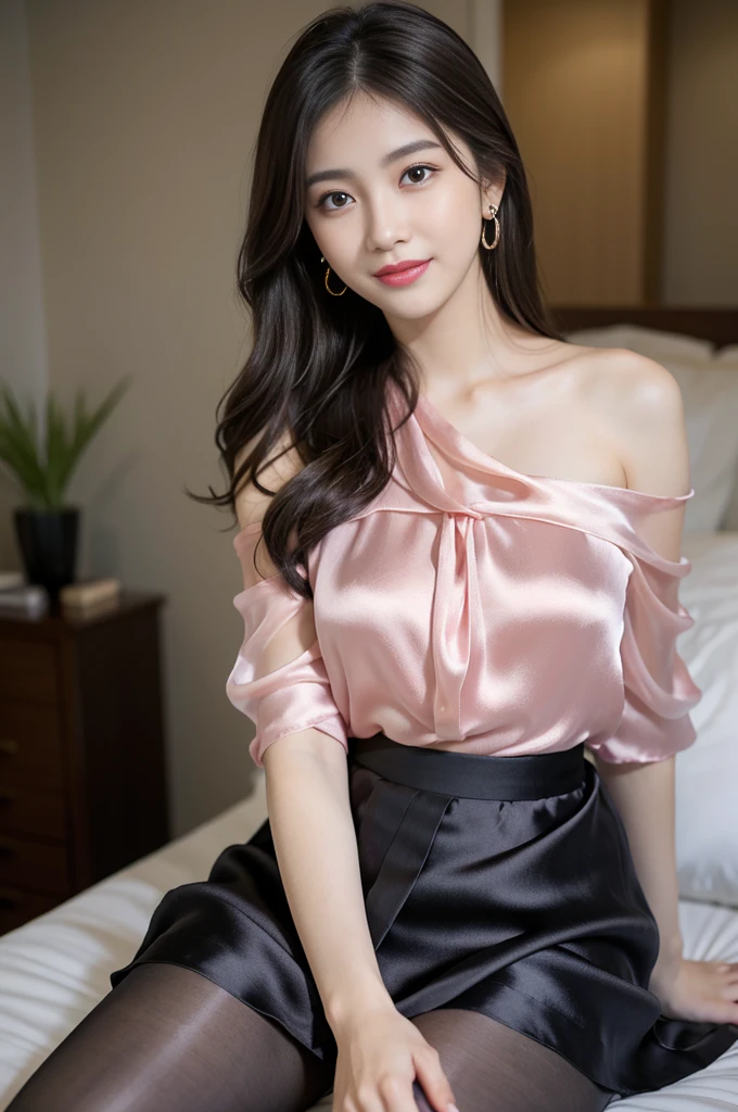 Ulchan-6500-v1.1, (Raw photo:1.2), (Photoreal), (See-through:1.3), (genuine:1.4), a girl、25 years old、 smile of shame、black semi-long hair、curly hair、pretty girl、(Elegant silk blouse:1.3), (super realistic pantyhose:1.2), (mini skirt:1.2), sitting in the bed、realistic skin texture、shiny skin、big earrings、thin lips，offshoulder，big breasts