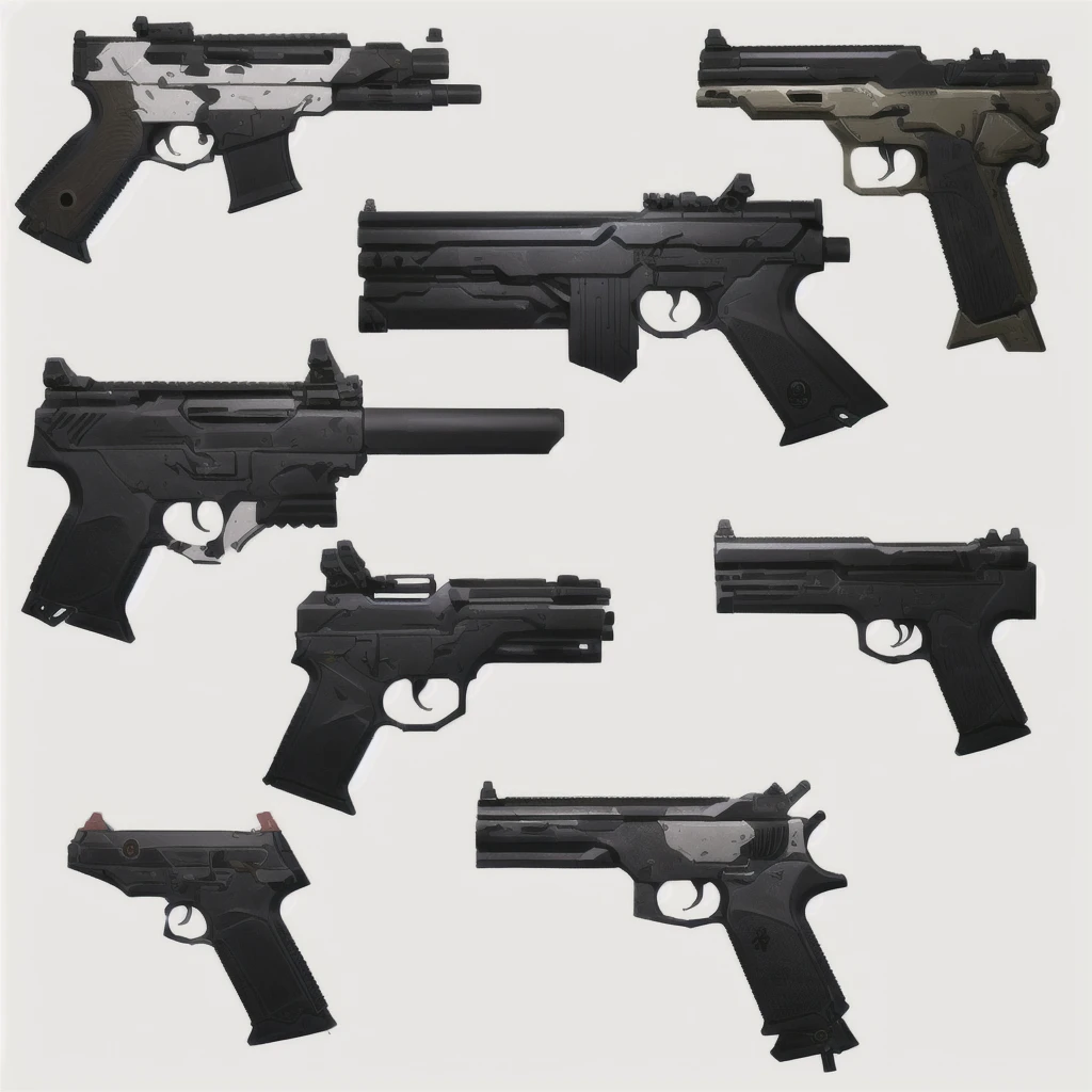 a group of six different types of guns on a white background, realistic weapons, realistic guns, lots of weapon, weaponry concept designs, products photo from gun magazine, handguns, realistic gun design, pistols, weapons concept art, movie firearms, firearms photography, firearms, weapon concept art, realistic weapon, military weaponry, guns, weapons, murata range