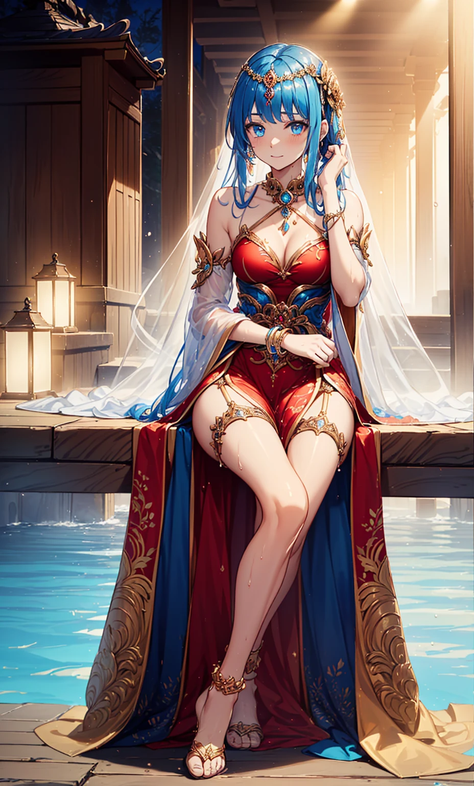 Top quality,Optimal resolution,Princess of an exotic fantasy world,(Wet Princess Dress),Design intricate clothes,blue eyes,Elegant and attractive,((temple,pool,Mist),Leg ring,Anklets,night,Small Lighting,Glamorous pose,elaborately designed clothes,Beautifully decorated,Garter