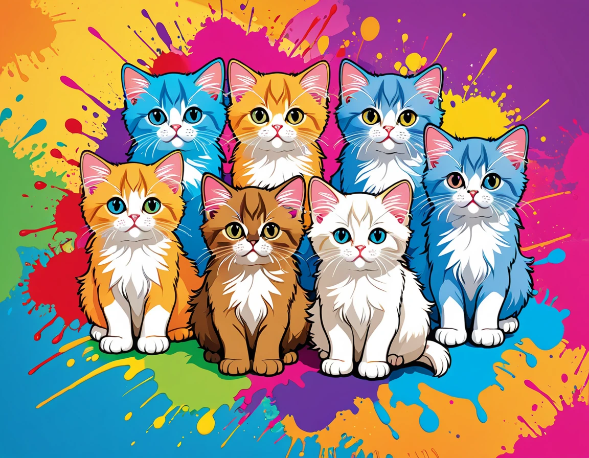 Komugiko 2000 Style, Vector Art, Colorful illustration with lots of cute Persian kittens, In the center, Vibrant colors, Paint splatters and stains, High Detail,Hawaiian style background