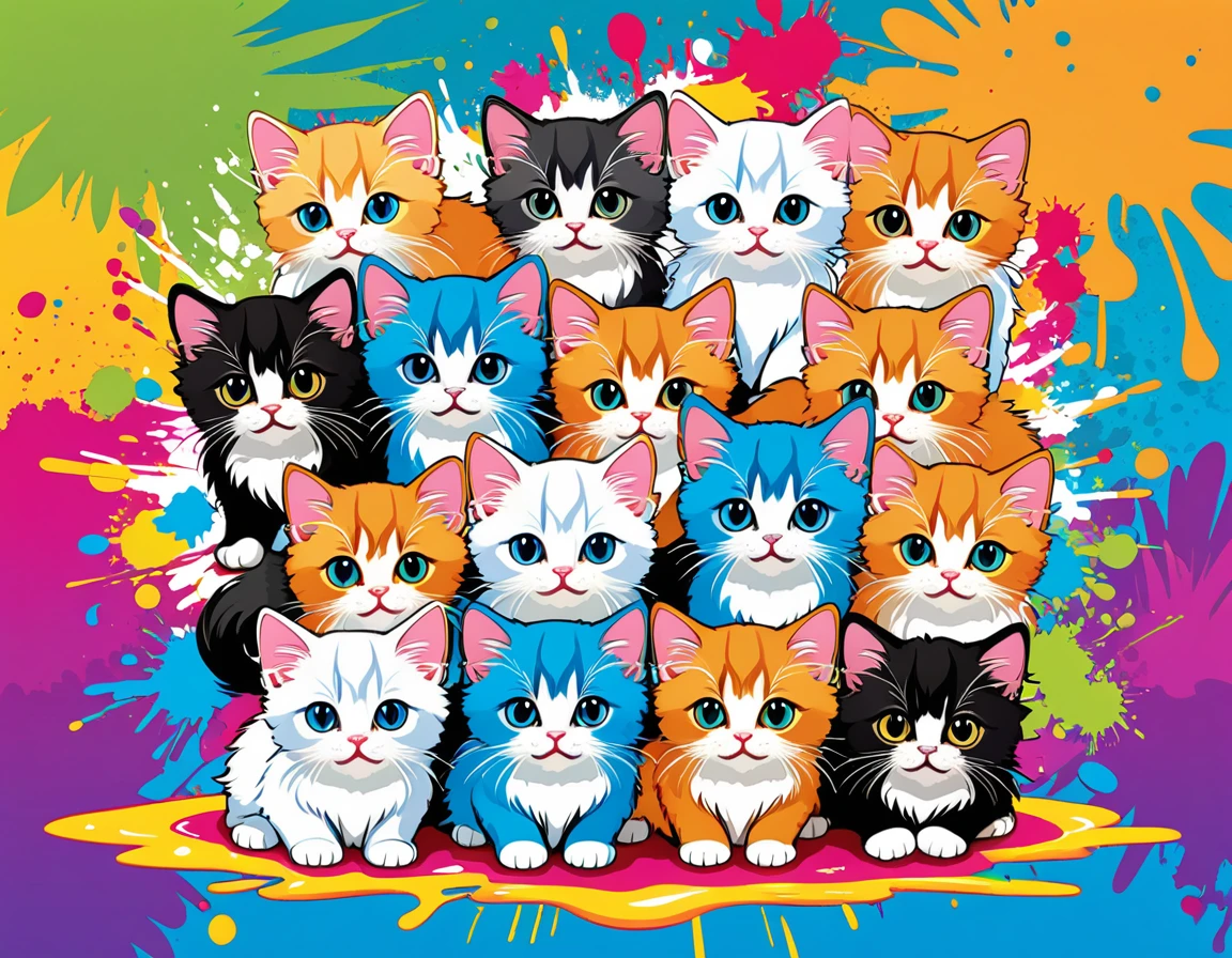 Komugiko 2000 Style, Vector Art, Colorful illustration with lots of cute Persian kittens, In the center, Vibrant colors, Paint splatters and stains, High Detail,Hawaiian style background