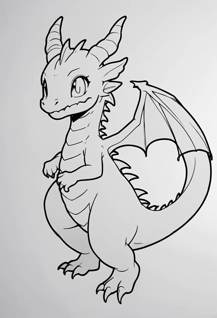 a dragon kawii, outline black and white 