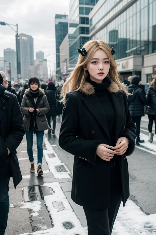 Cynthia,Long blonde hair, hair ornaments, Hair on one eye, Grey Eyes, Black coat, Black trousers,Fur collar, View your viewers, Severe, Are standing, Medium Shot, outside, city, city場, crowd, cloudy, winter, high quality, masterpiece,