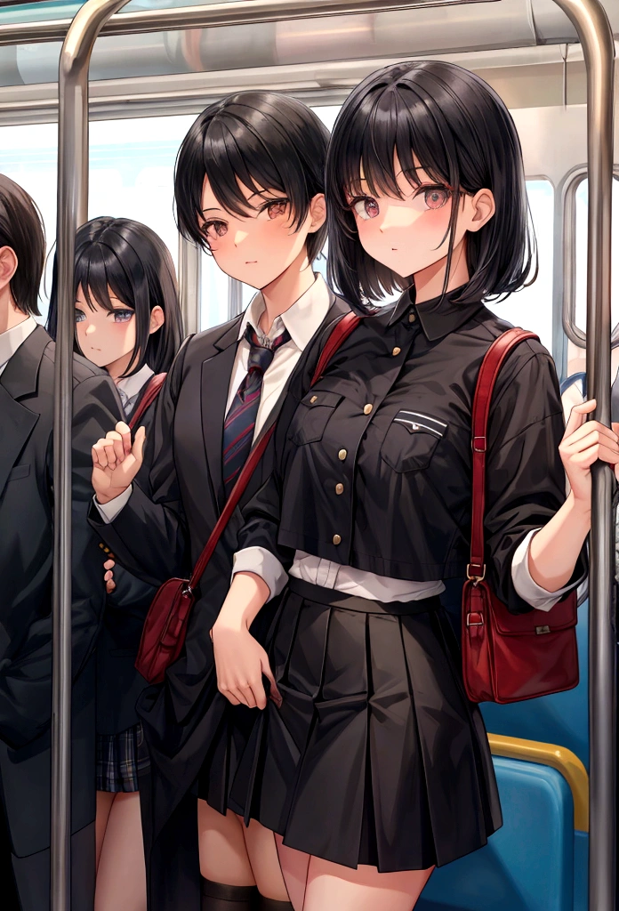 Black Hair　Shortcuts　uniform　crowded train　mini skirt　White panties　Skirt flip　Holding back tears