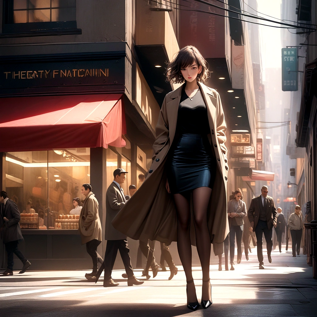 (best quality:1.2, 8k, masterpiece, highly detailed, highest quality), photorealistic, 2D illustration, woman, city street, bustling, light brown trench coat, subtle wrinkles, sheen, fitted black midi skirt, flowing, smooth, sheer nude stockings, delicate sheen, classic black leather pumps, slight heel, sophistication, vibrant storefronts, sunlight filtering through buildings, urban energy, detailed eyes, beautiful detailed lips, extremely detailed eyes and face, long eyelashes, natural lighting, realistic skin, detailed hair.