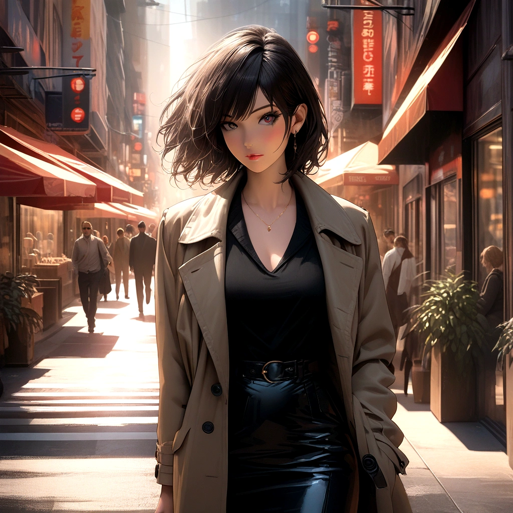 (best quality:1.2, 8k, masterpiece, highly detailed, highest quality), photorealistic, 2D illustration, woman, city street, bustling, light brown trench coat, subtle wrinkles, sheen, fitted black midi skirt, flowing, smooth, sheer nude stockings, delicate sheen, classic black leather pumps, slight heel, sophistication, vibrant storefronts, sunlight filtering through buildings, urban energy, detailed eyes, beautiful detailed lips, extremely detailed eyes and face, long eyelashes, natural lighting, realistic skin, detailed hair.