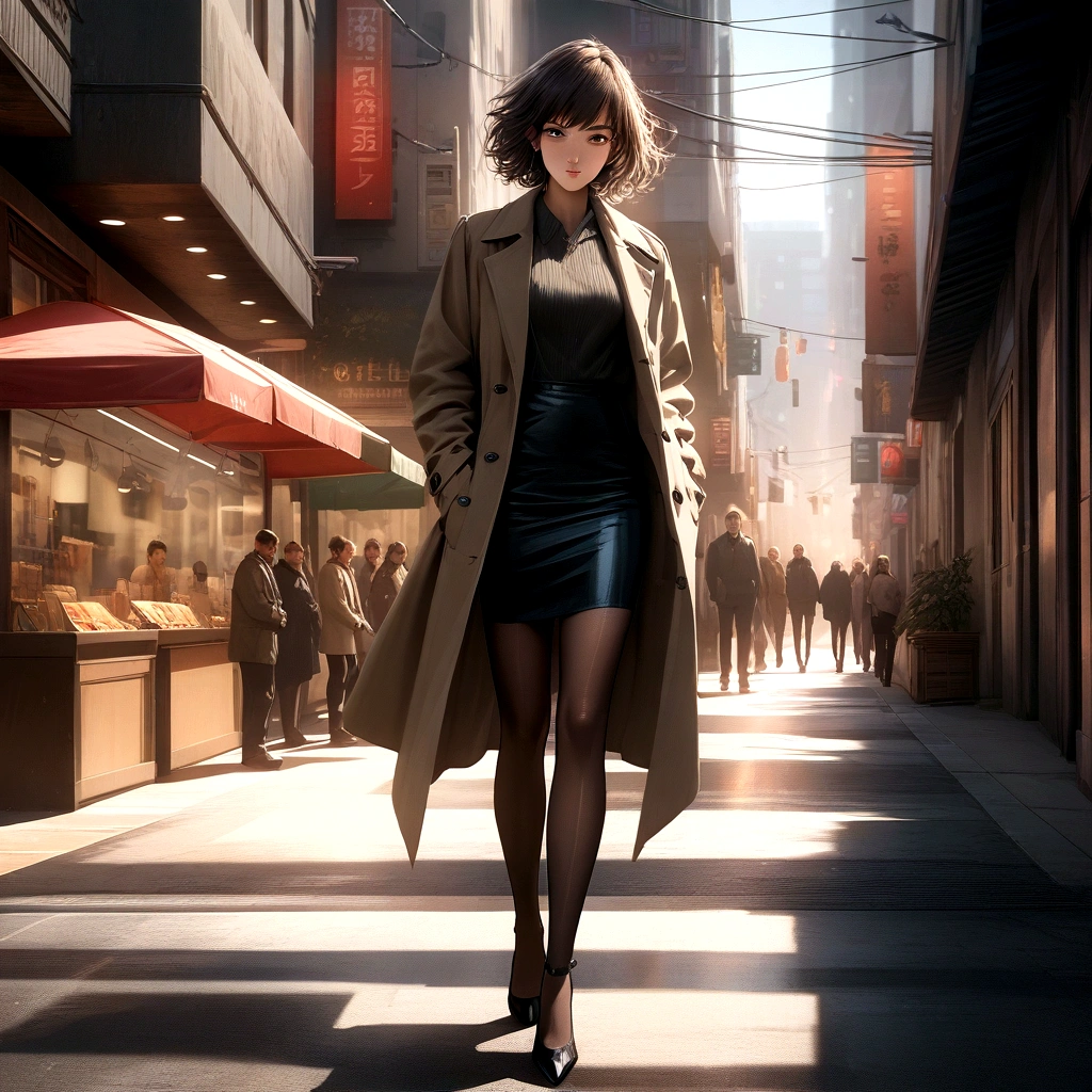 (best quality:1.2, 8k, masterpiece, highly detailed, highest quality), photorealistic, 2D illustration, woman, city street, bustling, light brown trench coat, subtle wrinkles, sheen, fitted black midi skirt, flowing, smooth, sheer nude stockings, delicate sheen, classic black leather pumps, slight heel, sophistication, vibrant storefronts, sunlight filtering through buildings, urban energy, detailed eyes, beautiful detailed lips, extremely detailed eyes and face, long eyelashes, natural lighting, realistic skin, detailed hair.