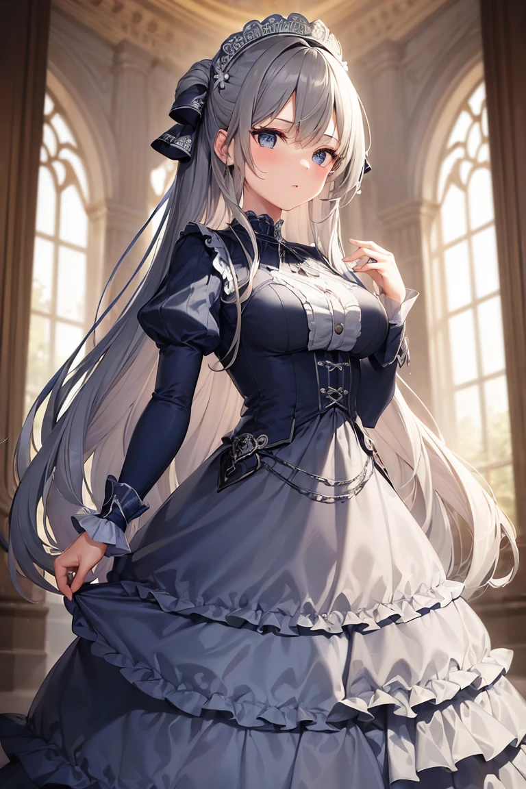 ((best quality)), ((masterpiece)), (detailed), 1 Girl, (Gray long hair), Classic style long skirt,Baroque blue dress,Stacked dress with ruffles,Azur archival style