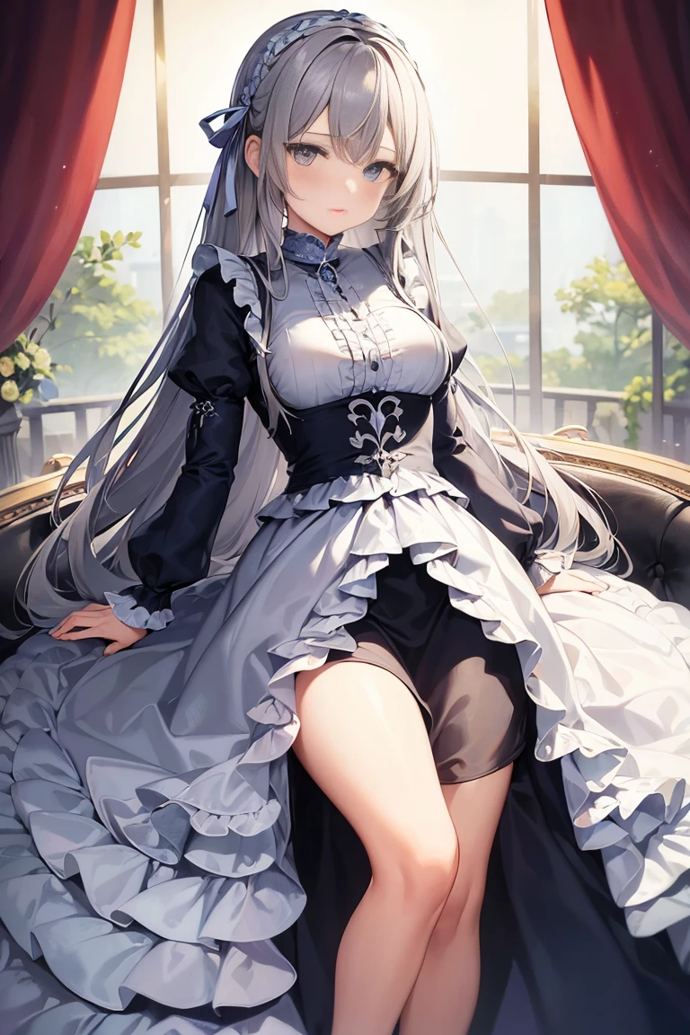 ((best quality)), ((masterpiece)), (detailed), 1 Girl, (Gray long hair), Classic style long skirt,Baroque blue dress,Stacked dress with ruffles,Azur archival style