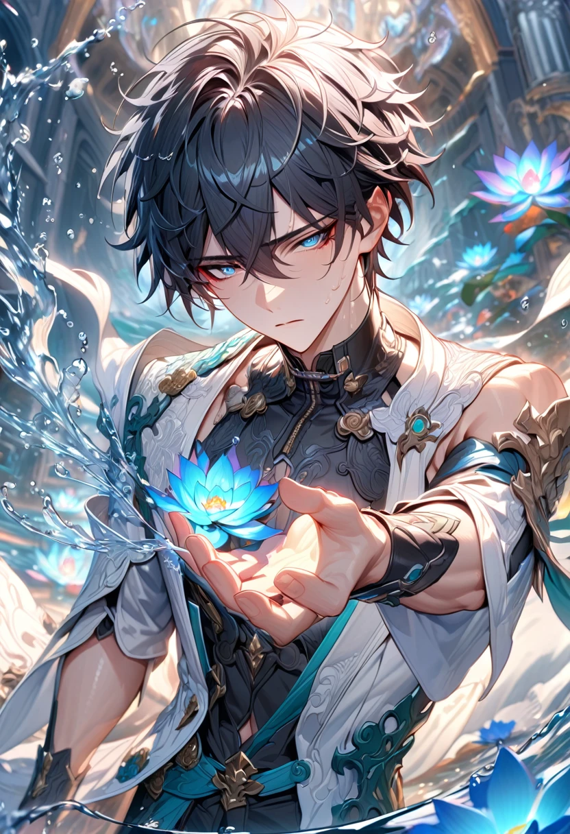 absurdres, highres, ultra detailed, HDR, master piece, best quality, Dan Heng, black hair, expressive blue eyes, Honkai Star Rail, solo, sexy man, handsome, black clothes, white coat, water, magic, fantasy, radiant, magical, power, water control, blue lotus