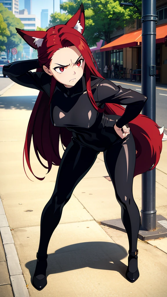 1girl ,20s,angry face,black bodysuit,(red hair),long hair,fox ears,leaning forward, adjusting hair, sunny, park, sidewalk,