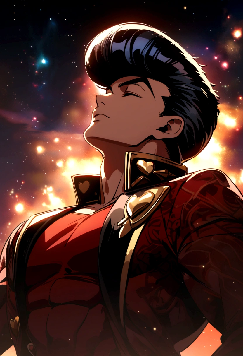 muscular josuke-like boy with short black hair and red shirt with closed eyes and a background of glowing galaxies at night