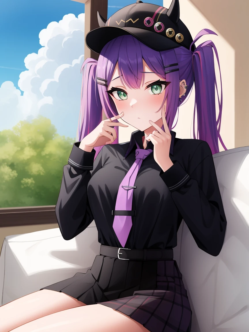 (day:1.7), sky background,a blue sky and clouds,
sitting at attention,sitting on couch,
purple necktie, black shirt, collared shirt, long sleeves, black skirt, plaid skirt,
aatowa, long hair, twintails, black headwear, baseball cap, fake horns, hairclip, piercing, demon tail,
1 girl, 20yo,young female,Beautiful Finger,Beautiful long legs,Beautiful body,Beautiful Nose,Beautiful character design, perfect eyes, perfect face,
looking at viewer, (innocent_big_eyes:1.0),(expressionless:1.3),
NSFW,official art,extremely detailed CG unity 8k wallpaper, perfect lighting,Colorful, Bright_Front_face_Lighting,
(masterpiece:1.0),(best_quality:1.0), ultra high res,4K,ultra-detailed,
photography, 8K, HDR, highres, absurdres:1.2, Kodak portra 400, film grain, blurry background, bokeh:1.2, lens flare, (vibrant_color:1.2)
(Beautiful,medium_Breasts:1.4), (beautiful_face:1.5),(narrow_waist),(perfect hands, perfect anatomy),