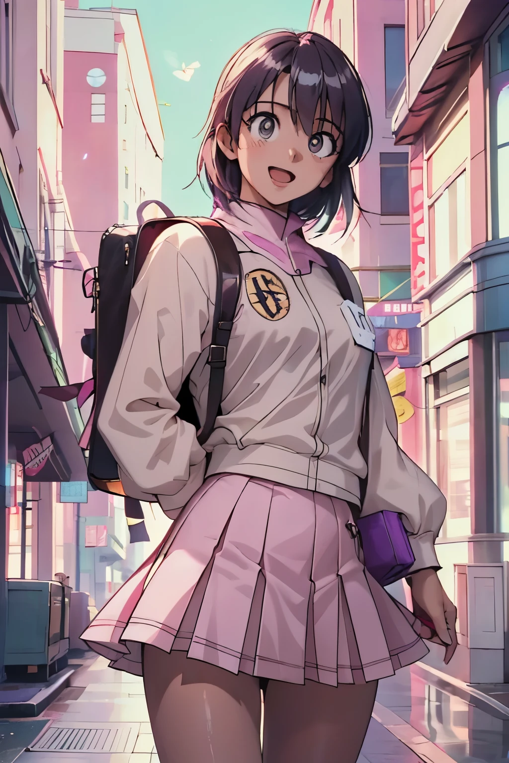 masterpiece, Highest quality, One High School Girl 10.0,Very detailed,Rin々Nice face,Open Mouth Smile,Black eyes,Legs visible through a short skirt,Natural Beauty,Cinematic,Medium chest,Walking in the downtown area,Carrying a backpack,Showing from the knees 10.0,Pink, white and purple uniforms,Medium Hair,