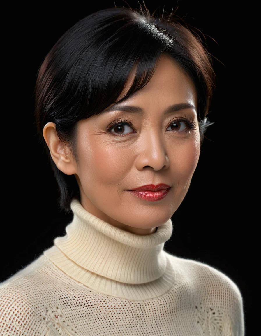 a fifty year lady, Indonesian face, elegant, short black hair, ivory turtle neck sweater, friendly face, stunning, peaceful face, thirty degrees left view, 8k, ultra detailed, solid black background