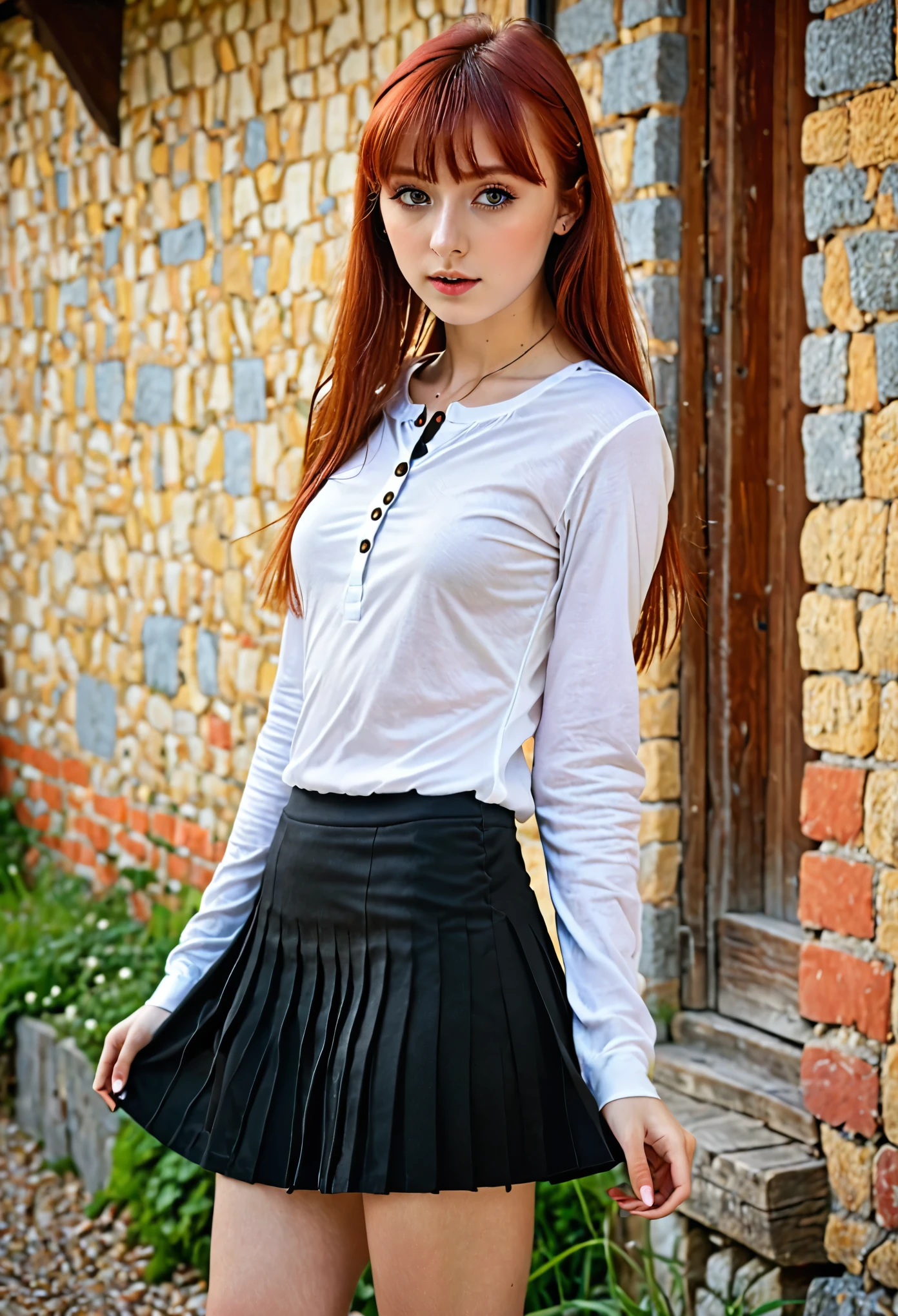 ((masterpiece,Highest quality:1.3)),1woman, 18 year old beauty,solo,((very small head:1.3)),red hair,long hair,blunt bangs,red eyes,gorgeous eyes,shy,medium breasts,((very long body:1.2)),((toned body,slender body,)),skinny,gleaming skin,shiny skin,sweat,((black pleated mini skirt)),(White Henley T-shirt、Long sleeve),((black mini skirt))、rural area、sunny、Medieval Europe