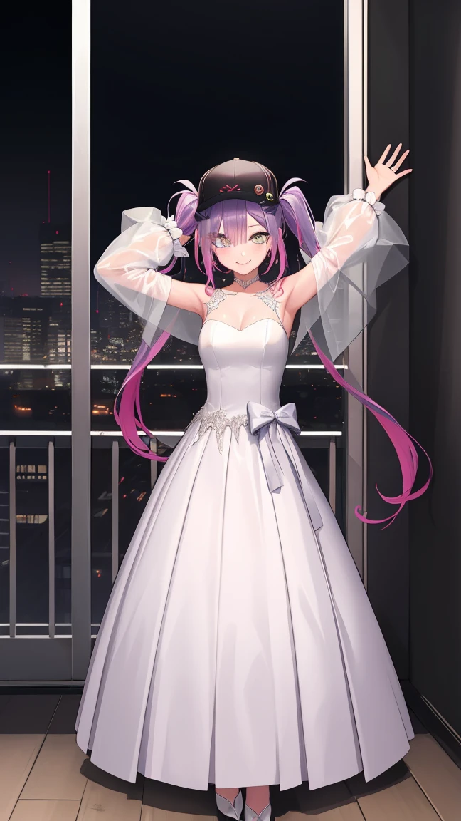 aatowa, long hair, twintails, black headwear, baseball cap, fake horns, hairclip, piercing, demon tail,
BREAK (transparent tulle wedding dress with long sleeve and long tail:1.2),
BREAK (Night:1.7), Japan, cyberpunk, CityView, Before Window, Standing at attention,armpits,arm up, expressive eyes,seductive smile, looking at viewer, NSFW,(Full_body),
BREAK (masterpiece:1.2), best quality, high resolution,NSW ,unity 8k wallpaper, (illustration:0.8), (beautiful detailed eyes:1.6), extremely detailed face, perfect lighting, extremely detailed CG, (perfect hands, perfect ???????),