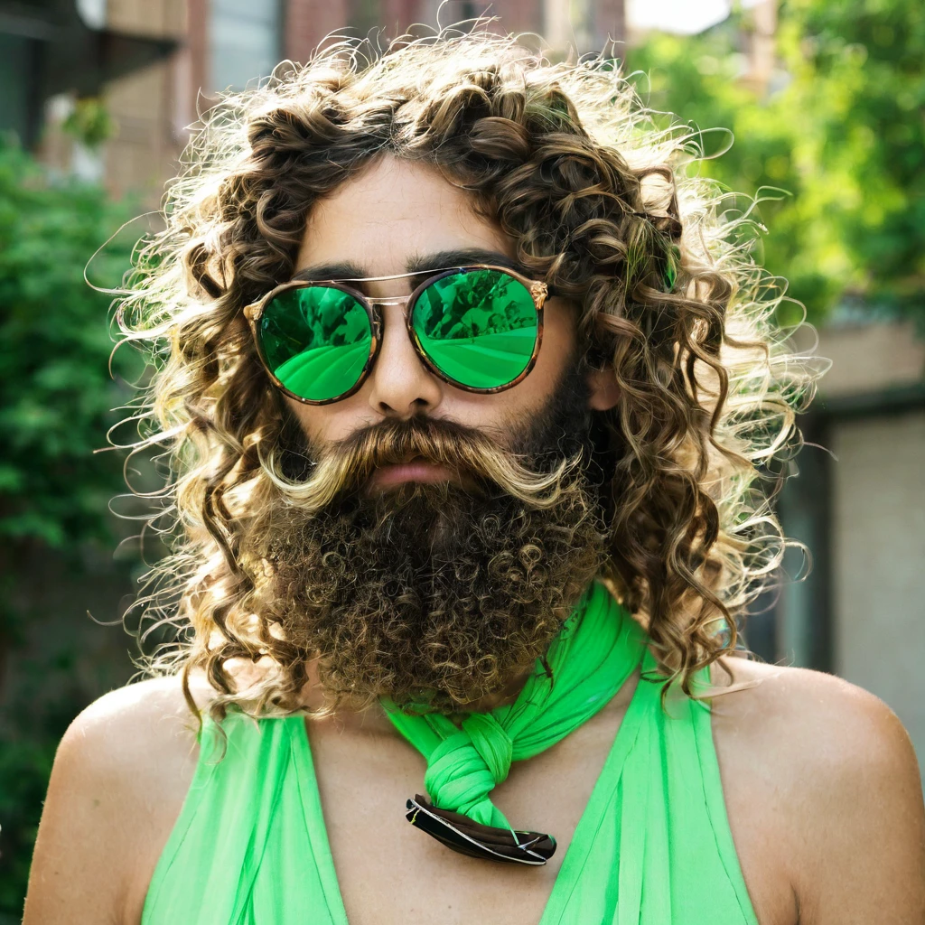 woman with huge curly beard, tied up brown hair, anorexic, green tinted sunglasses