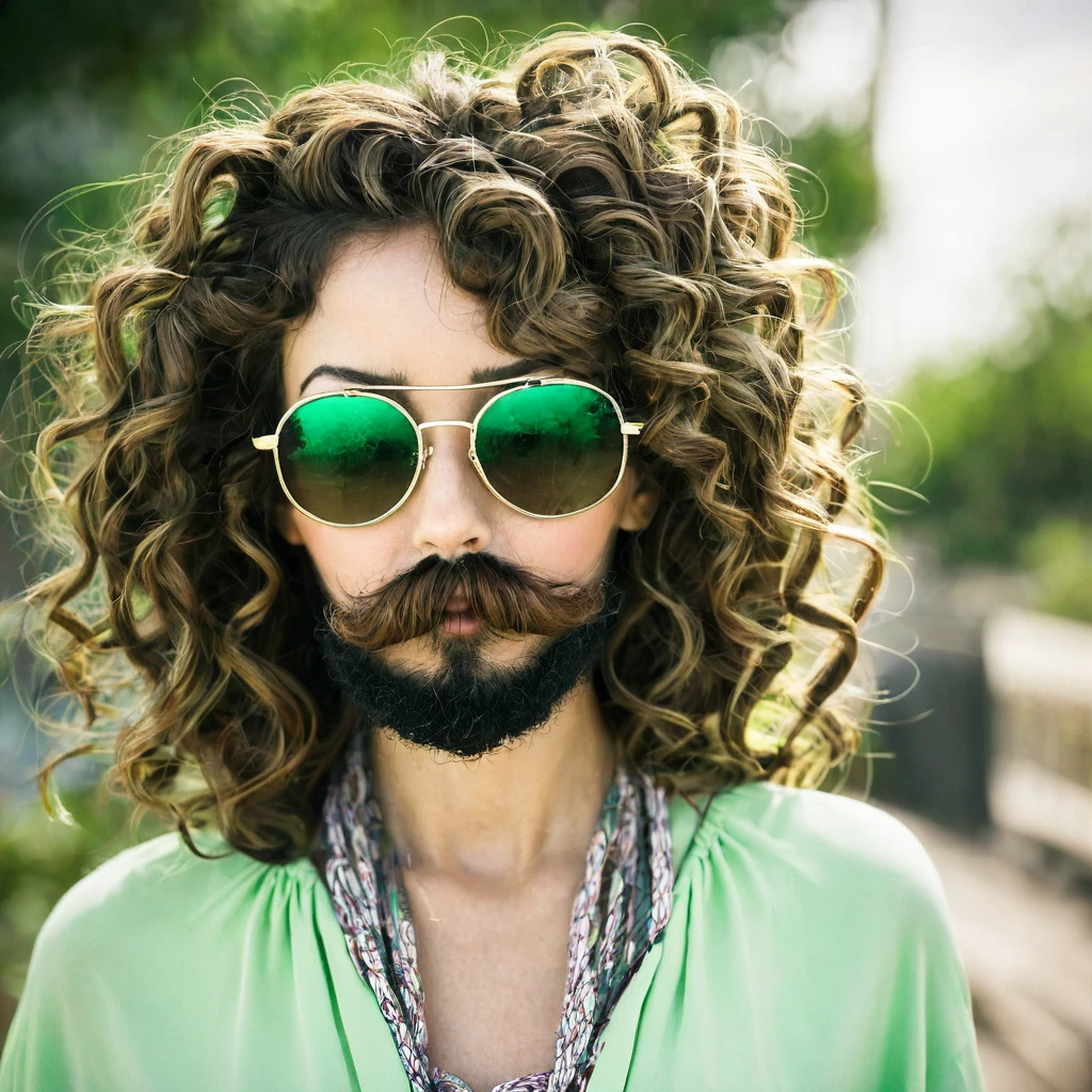 woman with huge curly beard, tied up brown hair, anorexic, green tinted sunglasses