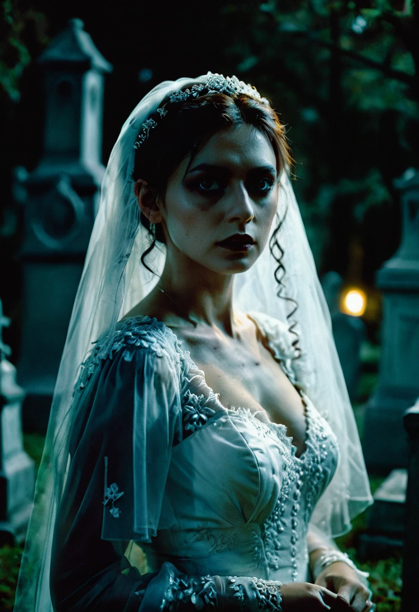 make a scary bride make it real human, very detailed, photorealistic, night in the cemetery, creepy atmosphere, Cinematic, Masterpiece, half body portrait, dramatic shadow evocative analog film noise, half body portrait, cinematic, movie still, captured in the style of Sony Alpha A7 III camera