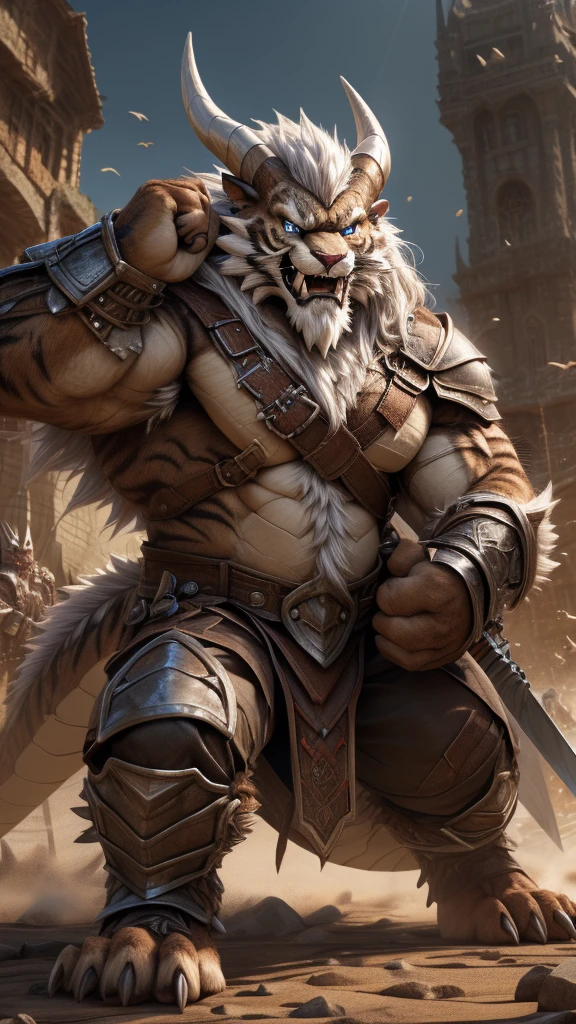 head、Animal cat face、A pair of dragon horns,Fluffy white hair all over the body、Heavy breathing、Gnashing of teeth,Serious expression,Fluffy belly、Leather Armor,Viking style,wildcat、blue eyes,(contour)The whole body is covered with long white hair、Hairy body、Long and thick armpit hair、Fangs、4K,War Background,Sharp claws、Capture the composition of the whole body、 A sword,Left hand holding the hilt,Fighting Stance,HD