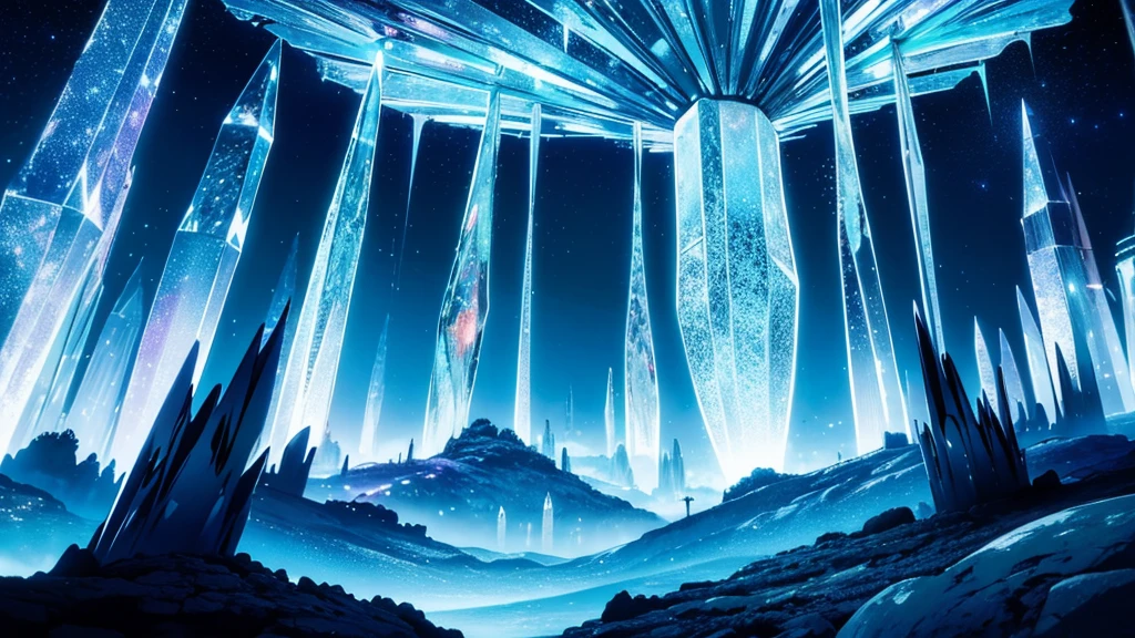 An otherworldly alien landscape with vibrant crystal formations, exotic flora that lights up in the twilight, and a star-filled sky of unfamiliar constellations.