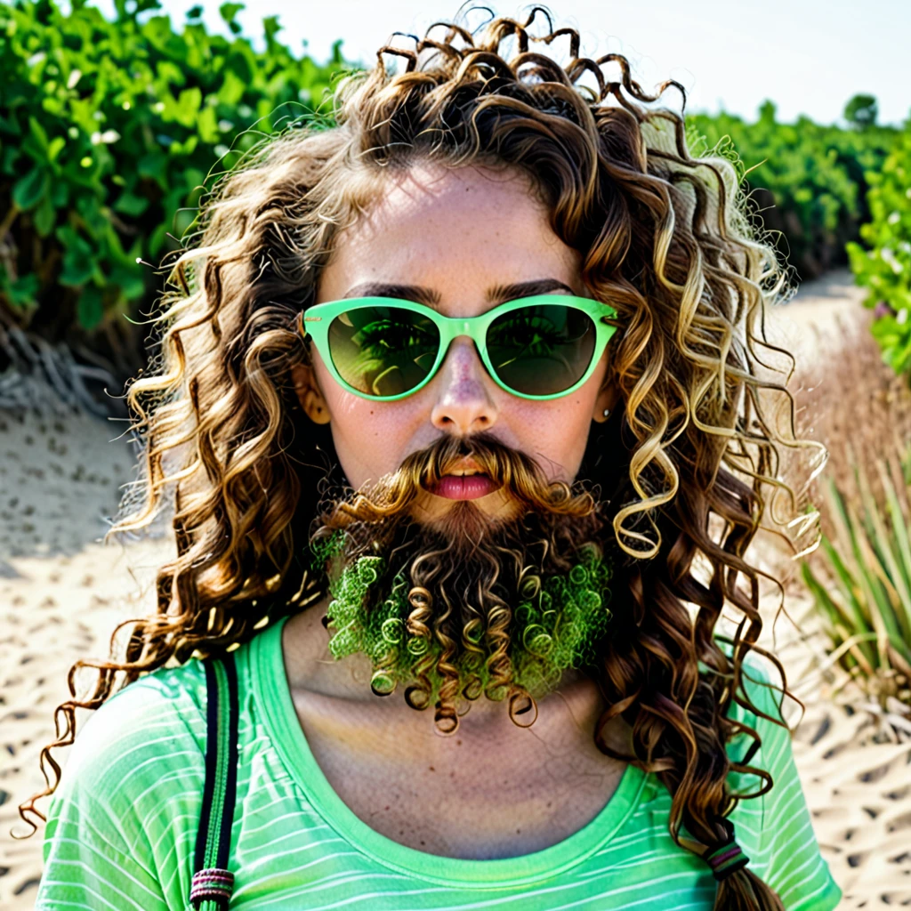 woman with huge curly beard, tied up brown hair, anorexic, green tinted sunglasses