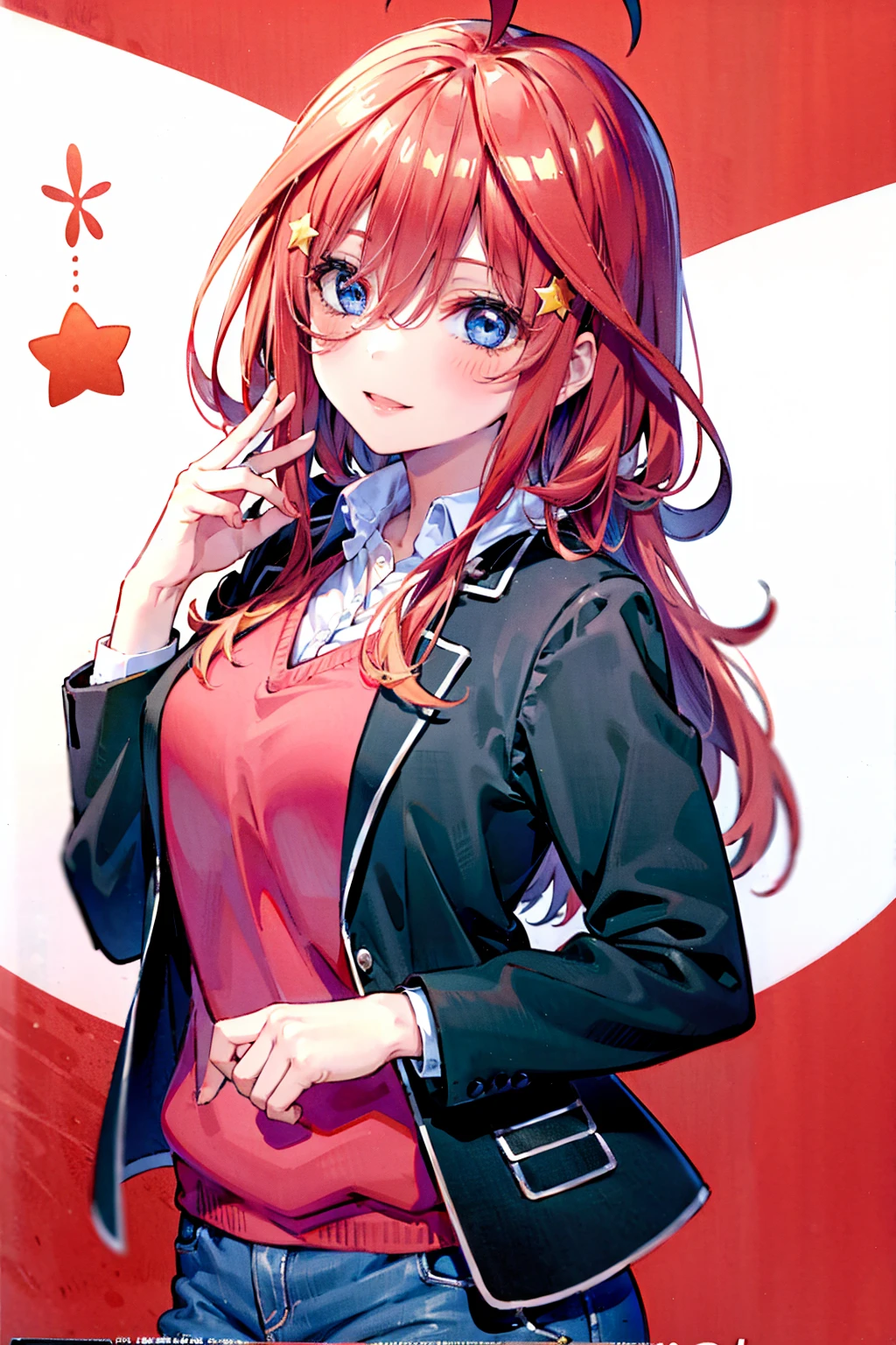 (8K, Highest quality, Highest quality, masterpiece), aaitsuki, long hair, ahoge, star hair ornament, smile, school uniform, blazer, black jacket, open jacket, red sweater, long sleeves, denim short shorts, big breasts,