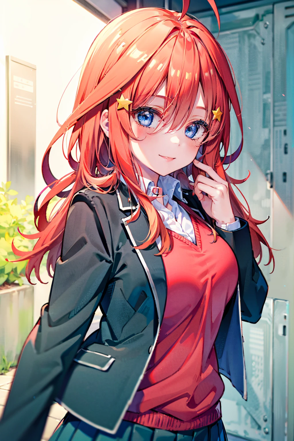 (8K, Highest quality, Highest quality, masterpiece), aaitsuki, long hair, ahoge, star hair ornament, smile, school uniform, blazer, black jacket, open jacket, red sweater, long sleeves, denim short shorts, big breasts,