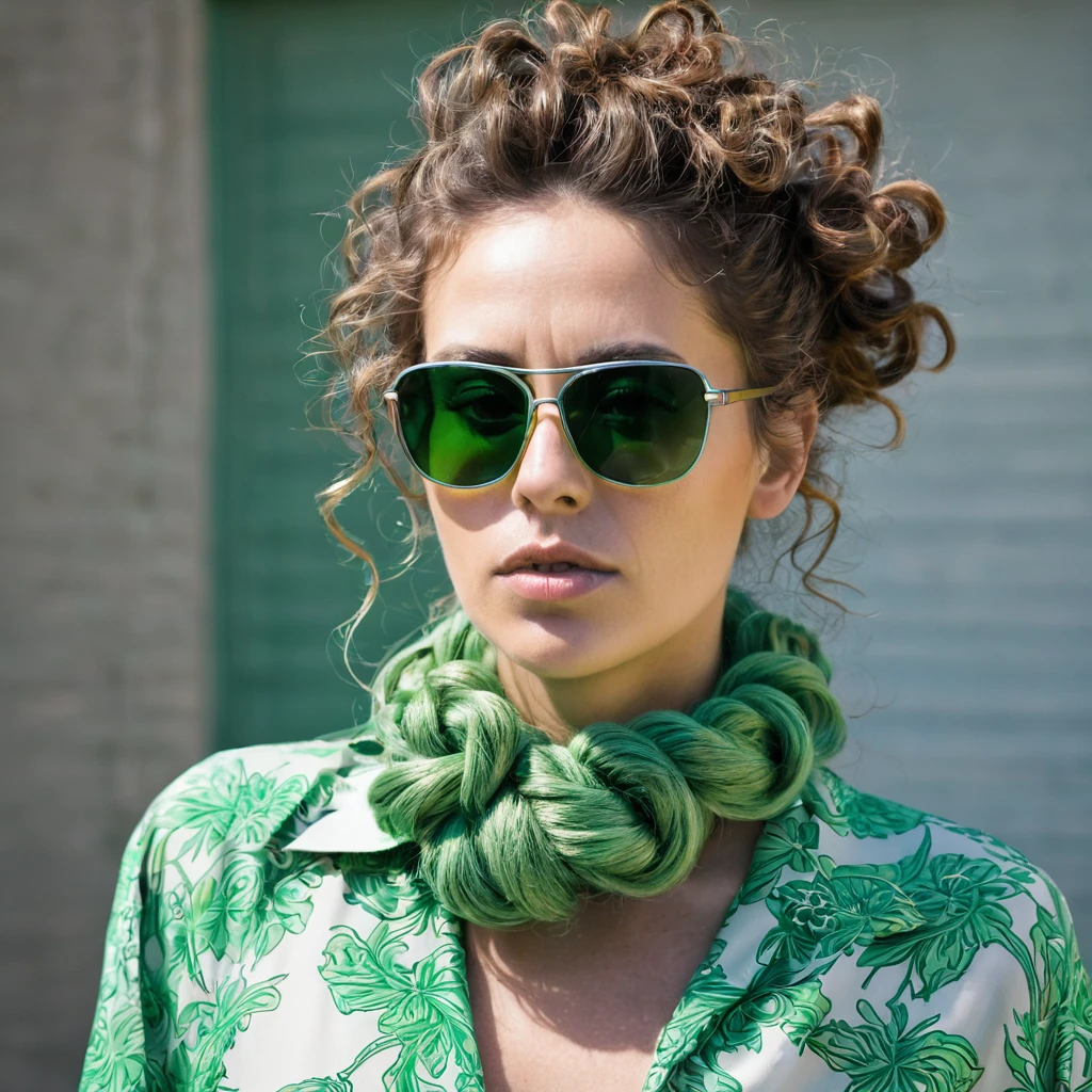 
woman with huge curly beard, tied up brown hair, anorexic, green tinted sunglasses