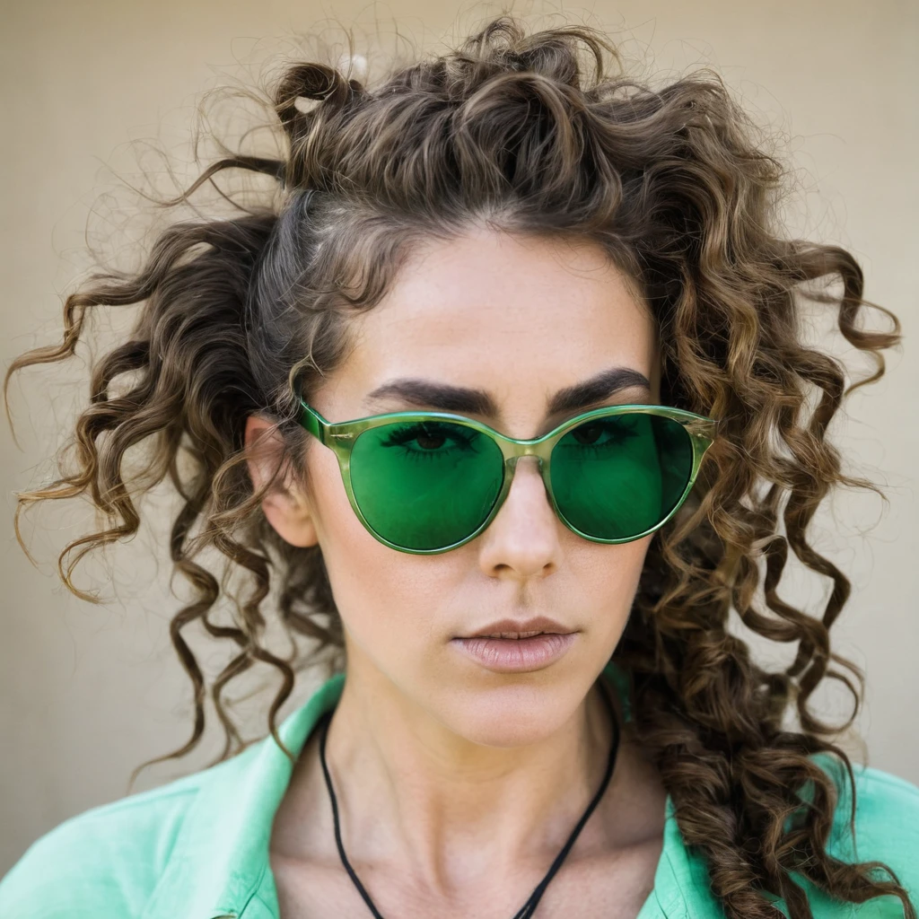 
woman with huge curly beard, tied up brown hair, anorexic, green tinted sunglasses