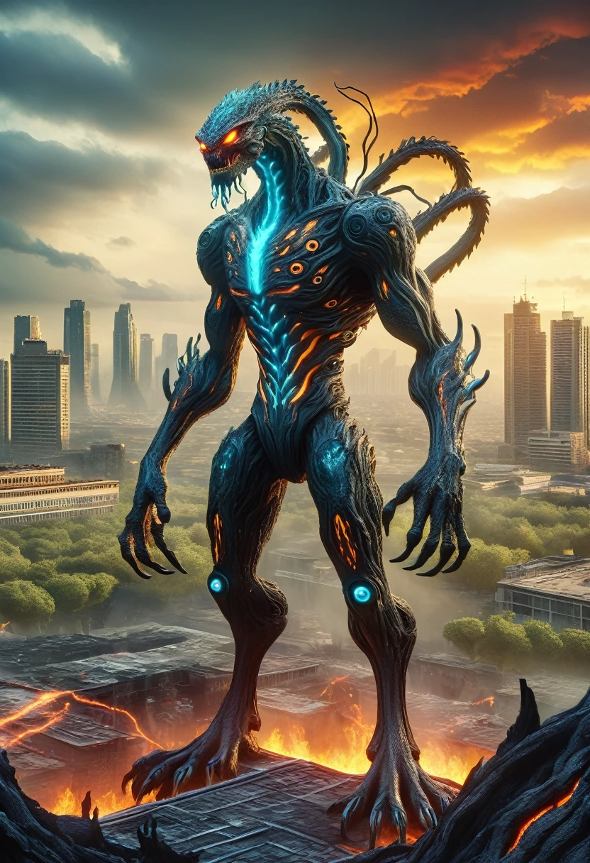 A giant monster with glowing eyes and claws stands in front of the city, Fluid Wind Oak Chinese Arboreal Hydra,  lava surface, Insect-like
 , Post-apocalyptic wasteland, apocalyptic event,Camera angle: Wide shot to capture the full figure, whole body, upright posture, （Toe）、（Finger detail on both hands）、
