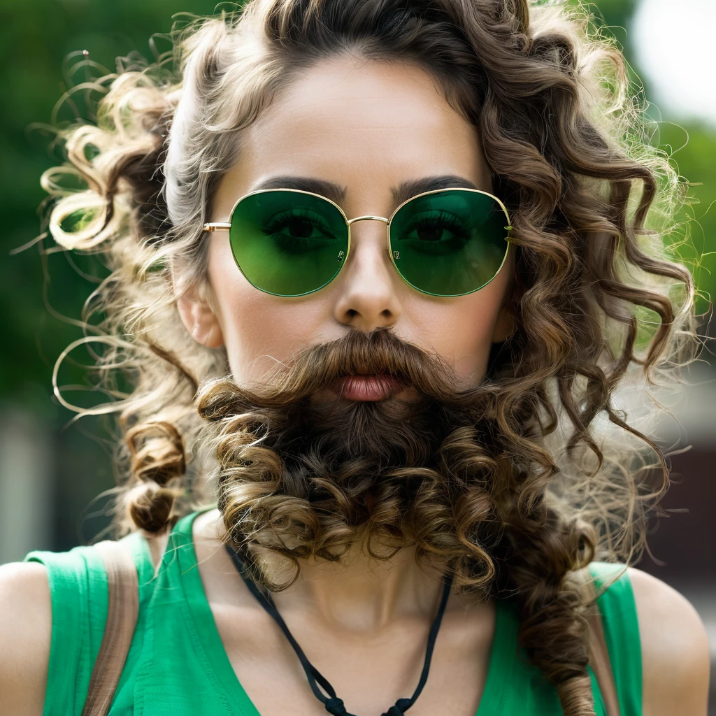 woman with huge curly beard, tied up brown hair, anorexic, green tinted sunglasses