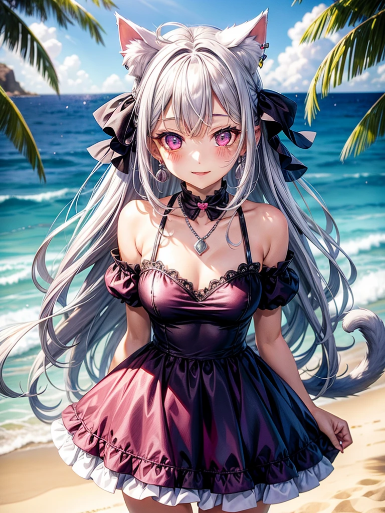 Silver hair, pink eyes, body, cat ears, sexy girl, earrings, beach background, hair bows, mitsuri, dress, bells necklace, pet cats, animals, happy face