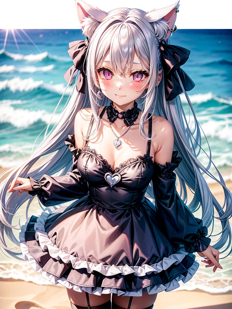 Silver hair, pink eyes, body, cat ears, sexy girl, earrings, beach background, hair bows, mitsuri, dress, bells necklace, pet cats, animals, happy face