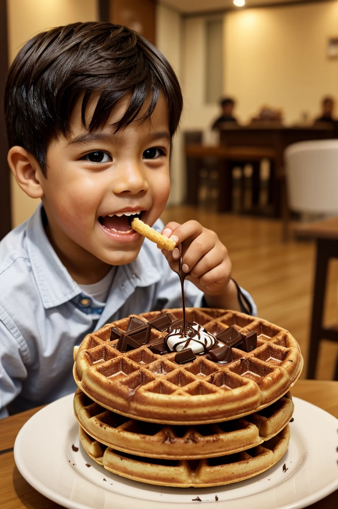 Boy bite crunchy waffle with chocolate flavour in the waffle 