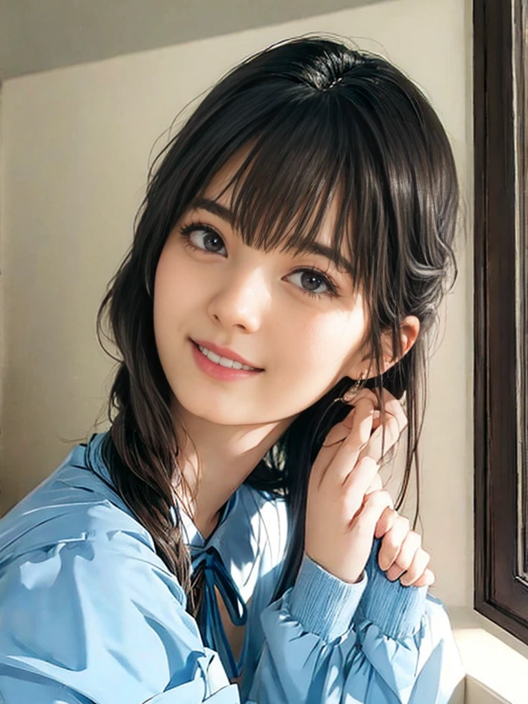Highest quality, 8K,  ,masterpiece :1.3)), In-person audience,((Whole body 1.2)) ,Beautiful woman, Wide Shot ,One girl, , Selfie   , Black Hair, Brown Hair  , bangs,Highly detailed face, Highly detailed lips, Fine grain, double eyelid