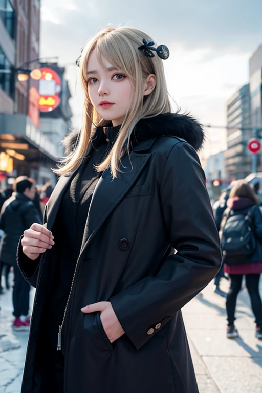 Cynthia,Long blonde hair, hair ornaments, Hair on one eye, Grey Eyes, Black coat, Black trousers,Fur collar, View your viewers, Severe, Are standing, Medium Shot, outside, city, city場, crowd, cloudy, winter, high quality, masterpiece,