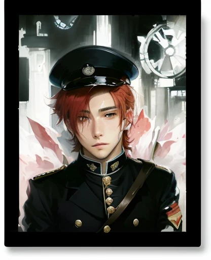 painting of a man in a uniform with a red hair, inspired by Hans Fries, hearts of iron portrait, took on ipad, [ tarot card ]!!!!!, hearts of iron portrait style, anime maid  ss military, deviant art, inspired by Yasutomo Oka, inspired by Otto Stark, drawn with photoshop, inspired by Yukihiko Yasuda